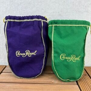 Crown Royal Drawstring Bags Purple and Green Set of 2 Embroidered Logo Pouches
